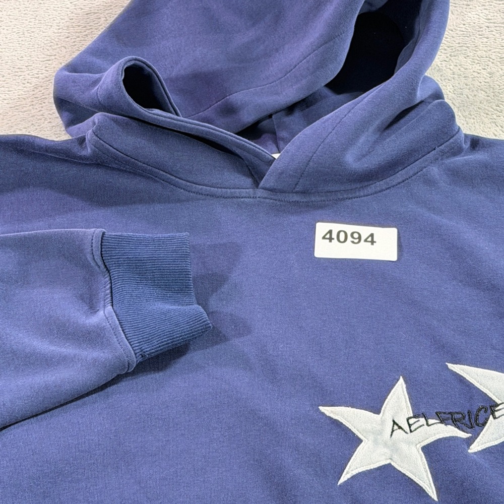 Aelfric Eden Hoodie Mens M Blue Star Patchwork Y2K Streetwear Pullover